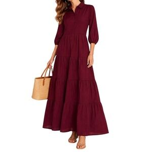 Pomander Place Mabel Tiered Cotton Maxi Dress Wine Button Front M